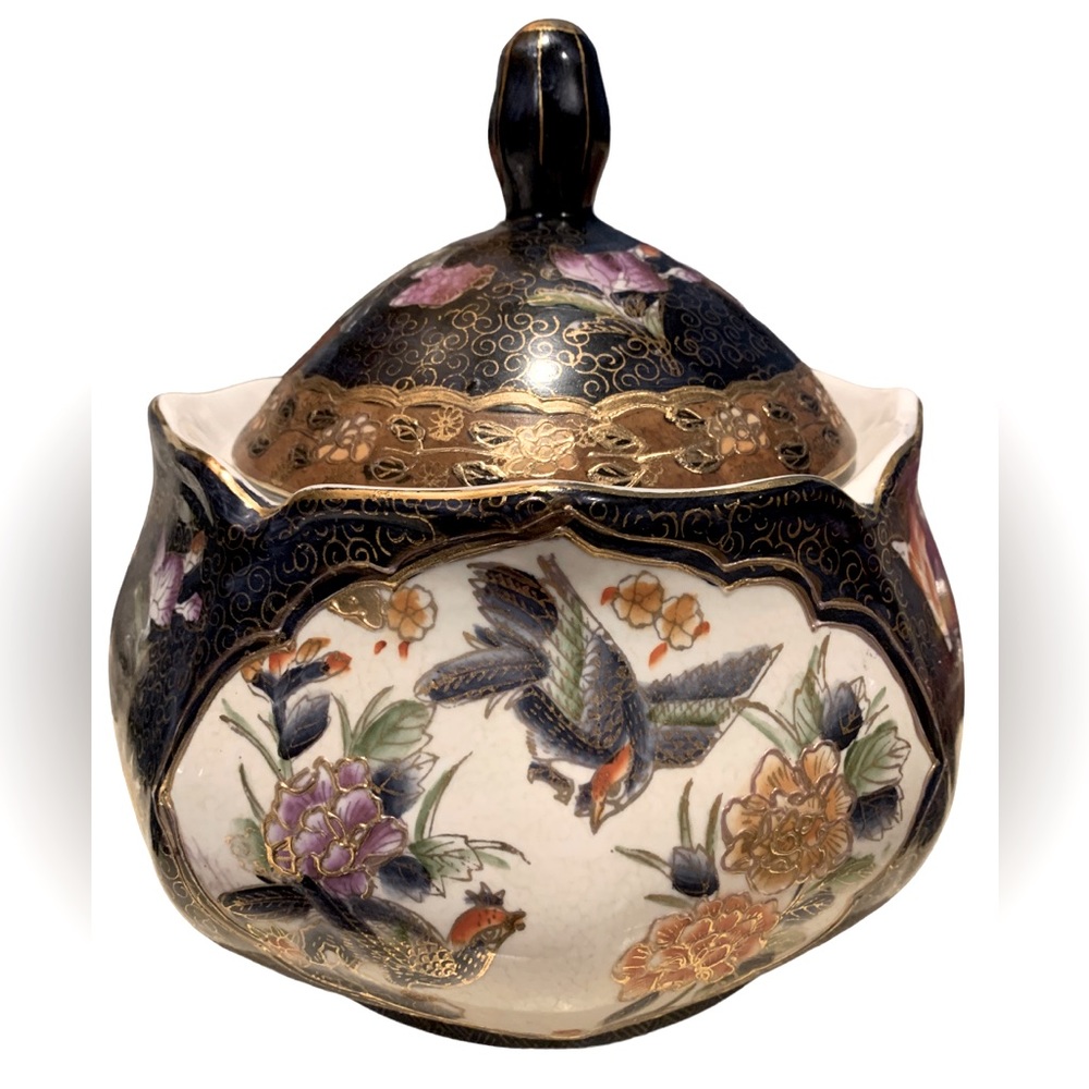 Vintage Covered Asian Lotus Blossom Pot Handpainted Gold Moriage on Blue White